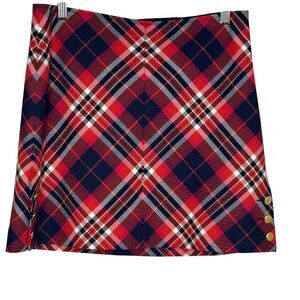 Trina Turk Skirt Womens 4 Red Navy Plaid Wool Blend Gold Button Mini Preppy